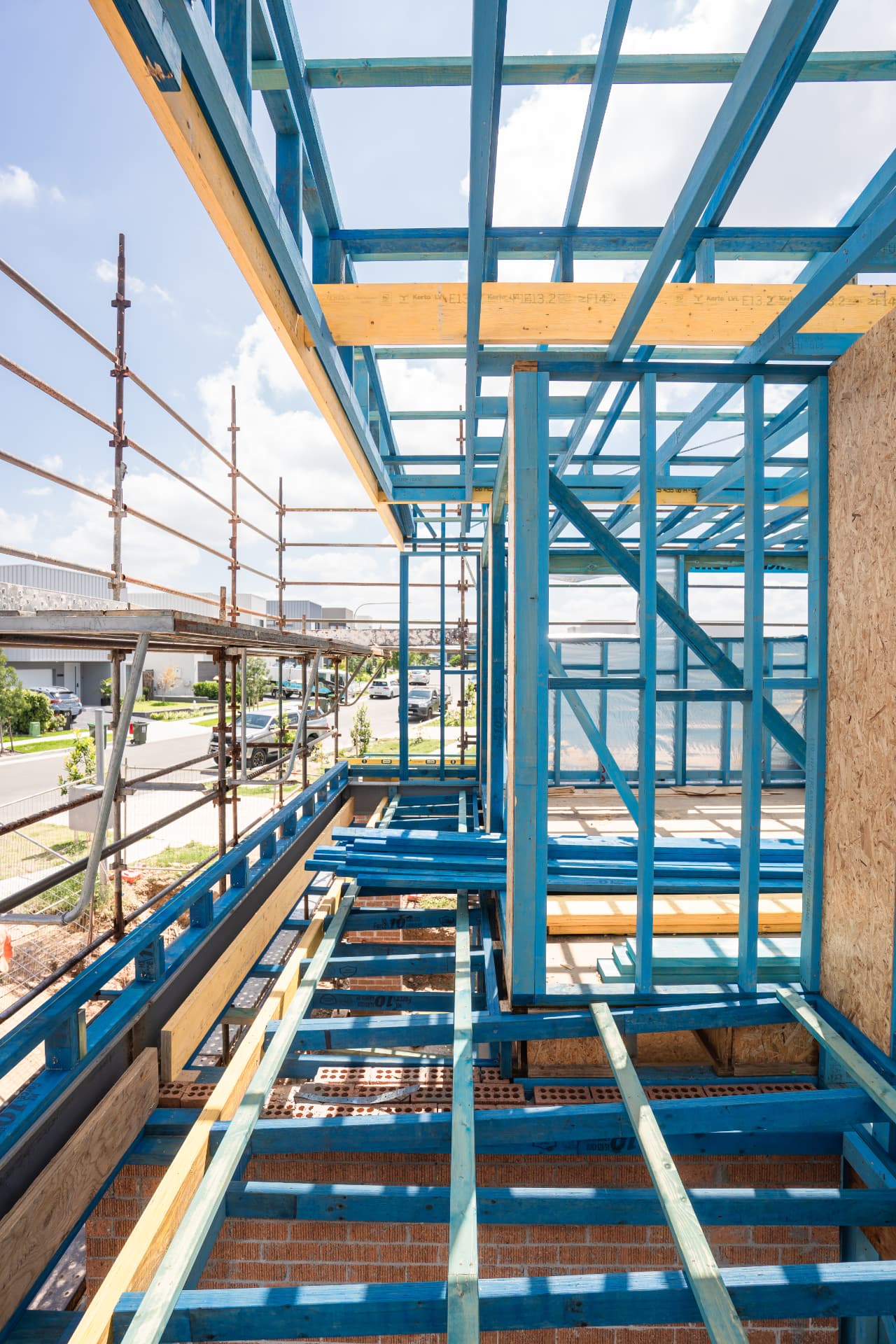 Balcony framing with LVL beam, joists and bracing seen from the upper floor